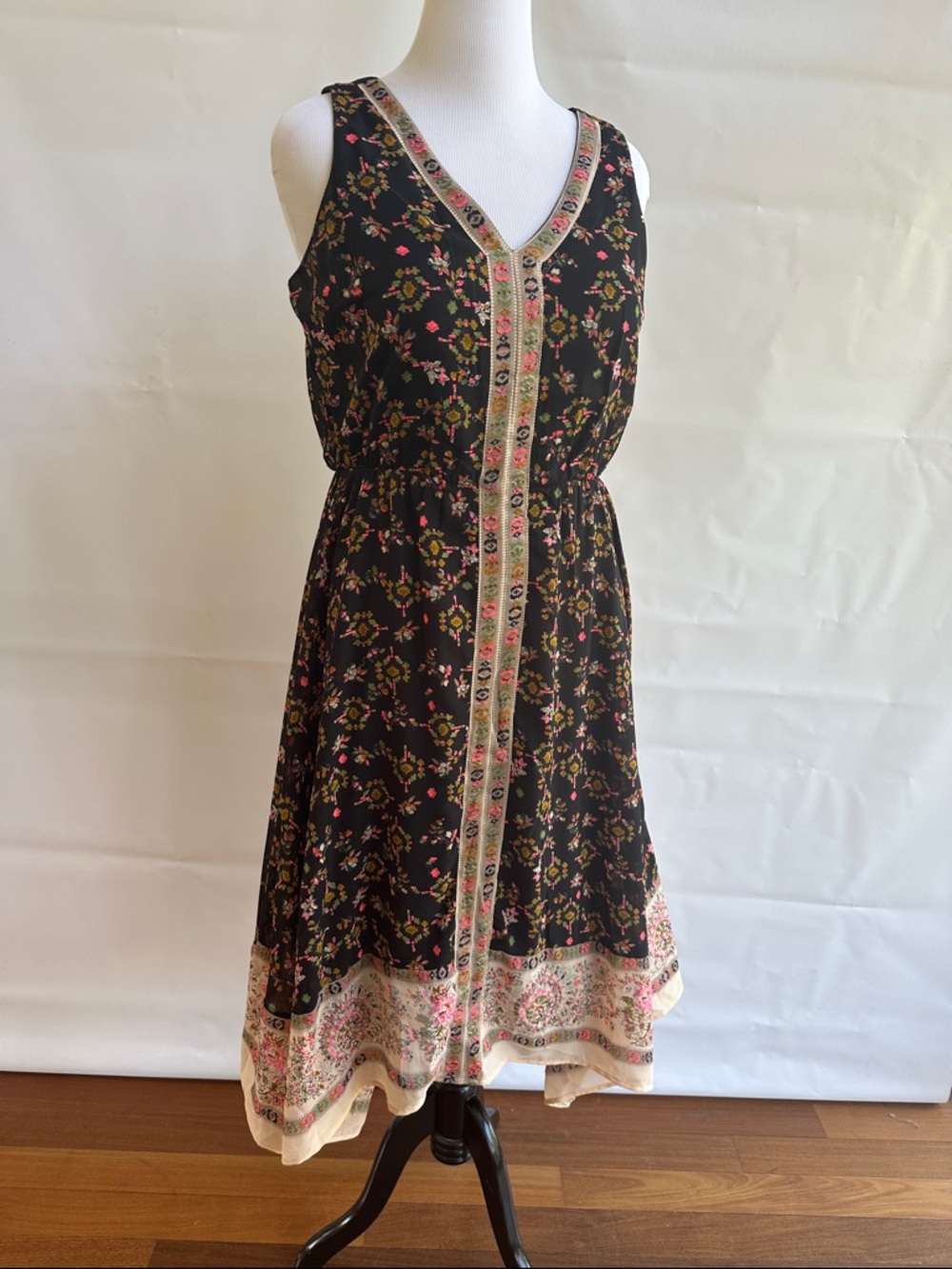 Magic Black Midi Dress with Pink, Green & Cream Floral Trim size L